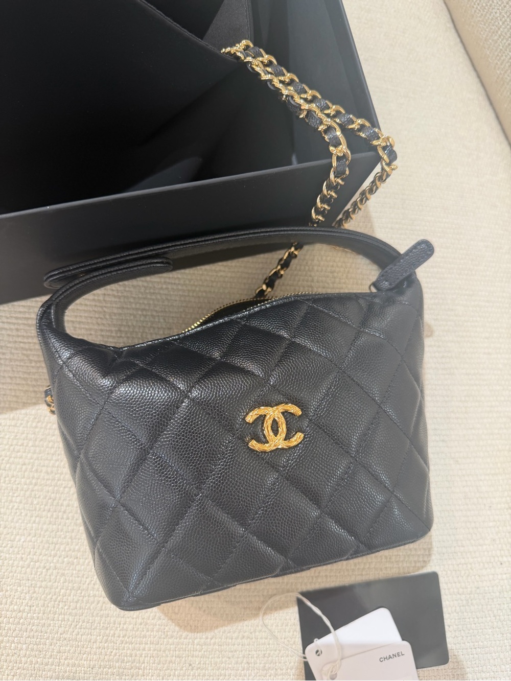 CHANEL Black Quilted Leather Shoulder Bag with Gold CC Hardware